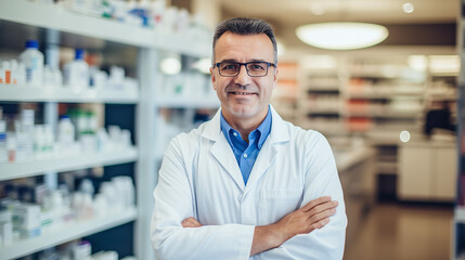 Smiling middle aged male pharmacist in a pharmacy clinic standing with crossed arms, looking at camera.