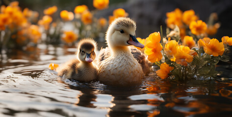 their fluffy bodies bobbing gently on the surface of a tranquil pond Serene Ducklings Swimming - obrazy, fototapety, plakaty