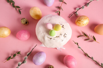 Composition with delicious Easter cake and painted eggs on color background. Top, view