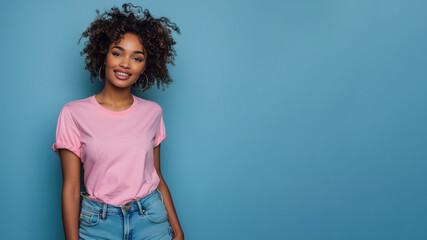 Afro woman wear pink casual t-shirt smile isolated