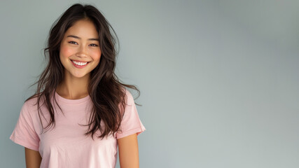 Asian woman wear pink casual t-shirt smile isolated