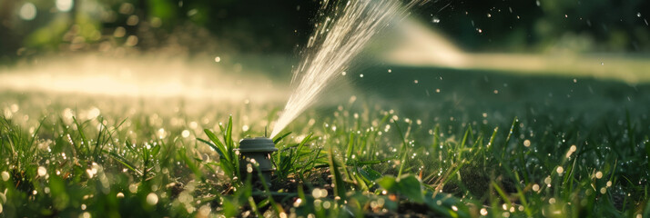 a garden sprinkler spraying water onto grass, generative AI - obrazy, fototapety, plakaty
