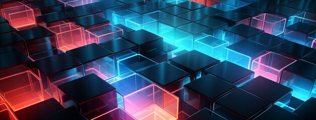 Crimson and Azure Neon Cubes Abstract
