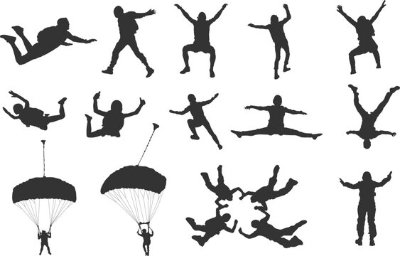 Skydiving silhouettes, Skydiving svg, Falling skydiver silhouette, Skydiver silhouette, Parachute skydiving silhouette, Skydiving clipart