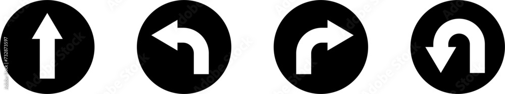 Poster go straight this way one way only u turn left and right black and white arrow round circle traffic s