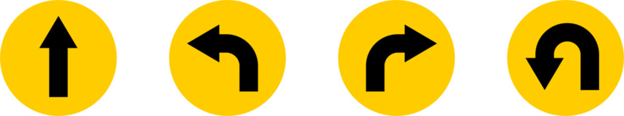 Go Straight This Way One Way Only U Turn Left and Right Yellow and Black Arrow Round Circle Traffic Sign Direction Icon Set. Vector Image.