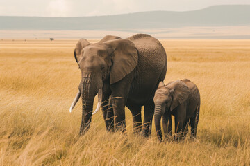 Fototapeta na wymiar An elephant with her cub, mother love and care in wildlife scene