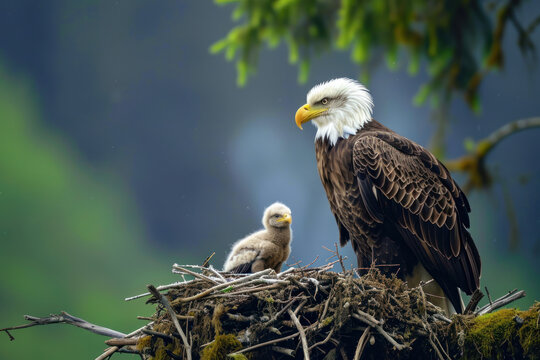 A eagle with her cub, mother love and care in wildlife scene