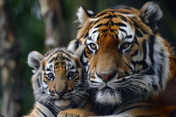Fototapeta premium A tiger with her cub, mother love and care in wildlife scene