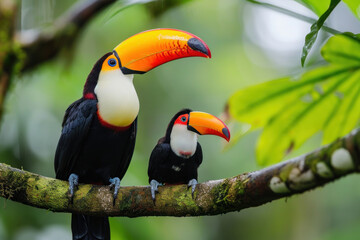Obraz premium A Toucan with her cub, mother love and care in wildlife scene