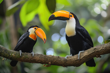 Obraz premium A Toucan with her cub, mother love and care in wildlife scene