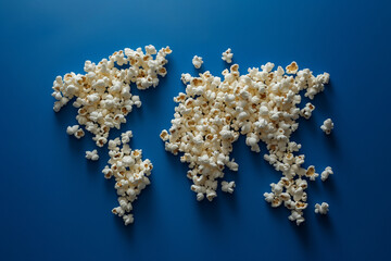 Detailed Popcorn World Map on Blue Background - Top View Food Photography