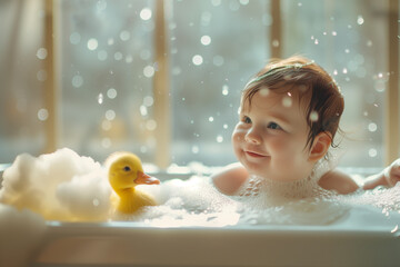 Pure Innocence: A Baby's Delightful Bath with a Cheery Yellow Duckling (with image of a baby reaching for a yellow duckling in a bathtub