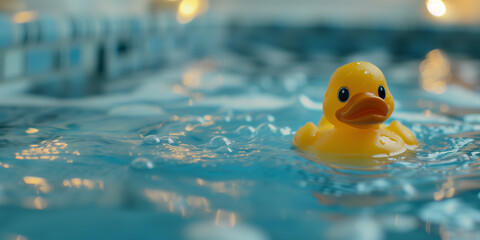 close-up of a rubber ducky in a bathtub with blue water