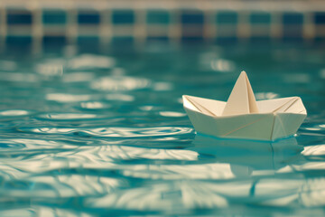 Fototapeta na wymiar Paper Boat Floating in Clear Blue Pool Water