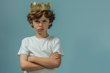 Angry 8-Year-Old Boy Wearing Crown, Crossing Arms