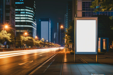 Blank White Advertising Board at Night in a City 