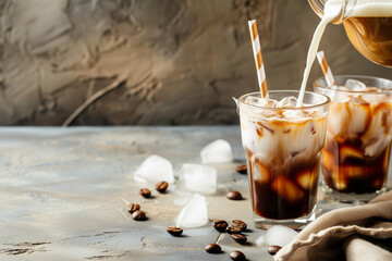 Cold Brew Ice Coffee with Milk Pouring 