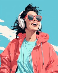 active young girl listens to music on headphones against the background of a cloudy sky