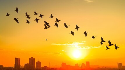 Fototapeta na wymiar Golden Hour: V Formation of Migrating Birds Soaring at Sunset AI Generated.