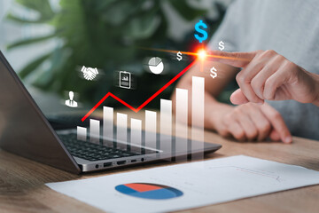 Business Graph, Target marketing plan investor financial analysis chart strategic growth concept, Women people use laptops analyze growth information, financial data plan, Long-term business success