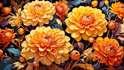 An illustration in yellow and gold depicting flowers like dahlias in psychedelic style art. AI generated illustration.