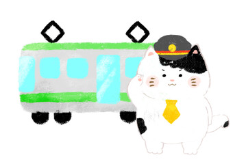敬礼しているねこの車掌と黄緑の電車　クレヨンタッチ