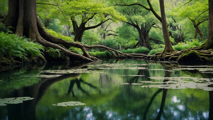 A tranquil pond nestled among tall, ancient trees, their branches stretching out like reaching fingers and In the midst of this serene scene, a single spring flower bursts with vibrant color, contrast