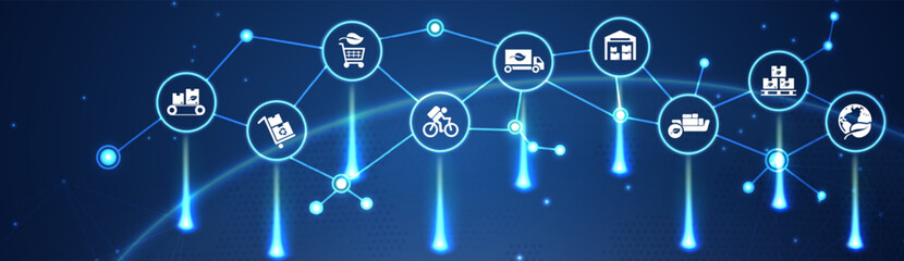 green logistics and supply chain vector illustration. Concept with connected icons related to sustainable transport