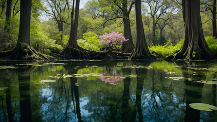 Fototapeta na wymiar A tranquil pond nestled among tall, ancient trees, their branches stretching out like reaching fingers and In the midst of this serene scene, a single spring flower bursts with vibrant color, contrast