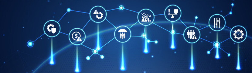 Risk management vector illustration. Concept with icons related to risk analysis or risk assessment and identification in business, in a company or in finance.