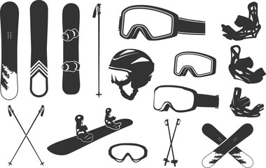 Snowboarding elements silhouette, Snowboarding elements, Snowboard silhouette, Snowboarding equipment vector set, Snowboard equipment svg, Snowboarding vector set