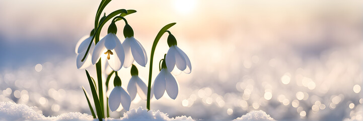 Snowdrops in snow, first spring wildflowers, bokeh effect, selective focus