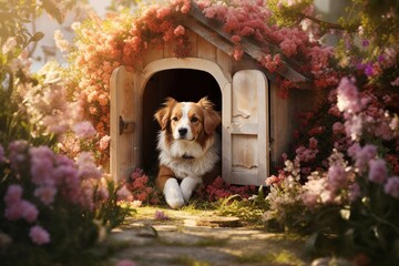 Dog Lounging in Flower-Adorned Doghouse in Spring