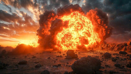 Large explosion with a huge fireball kicking up smoke and debris in a desert landscape.