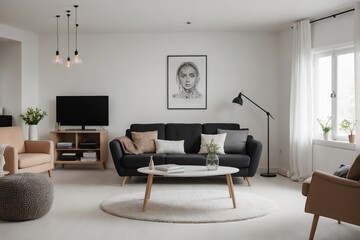 Minimalistic Scandinavian studio with sofa and light bulbs. Minimal and Creative concept.