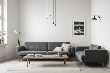 Minimalistic Scandinavian studio with sofa and light bulbs. Minimal and Creative concept.