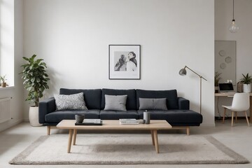 Minimalistic Scandinavian studio with sofa and light bulbs. Minimal and Creative concept.