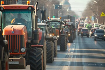 A convoy of tractors on a city street as part of a farmer's protest for policy changes