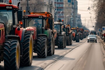 Tractors lined up on a city street in a peaceful protest for agricultural rights