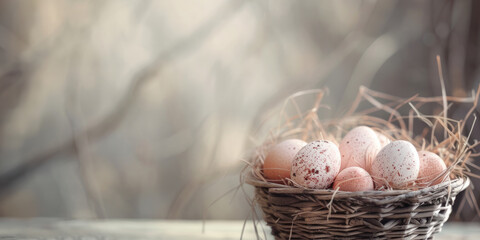 easter eggs speckled painted in nest with blurry bokeh pastel background