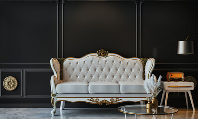 A black-walled living room with a white sofa in the middle of the room.
