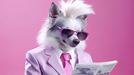 Chinese Crested dog in suit holding a newspaper on bright pastel background. advertisement. presentation. commercial. editorial. copy text space. - obrazy, fototapety, plakaty