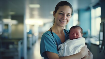 Fototapeta premium Nurse gently carries a day-old infant, newborn baby, at a maternity ward of a hospital.