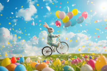 easter bunny or rabbit riding bike in pajamas with balloons  against spring sky background. colorful funny spring holiday lifestyle april event concept celebration card illustration.