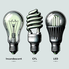 Types of Light Bulb Set Illustration - incandescent, CFL, LED