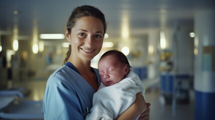 Nurse  gently carries a day-old infant, newborn baby, at a maternity ward of a hospital.
