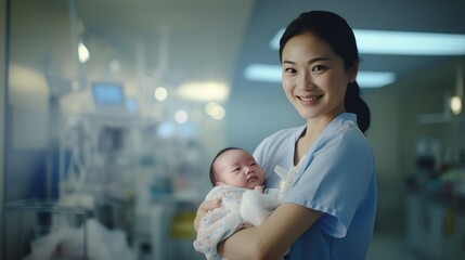 Asian nurse gently carries a day-old infant, newborn baby, at a maternity ward of a hospital.