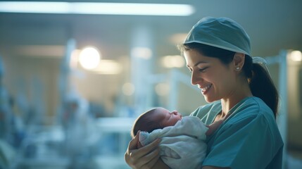 Nurse  gently carries a day-old infant, newborn baby, at a maternity ward of a hospital. - obrazy, fototapety, plakaty