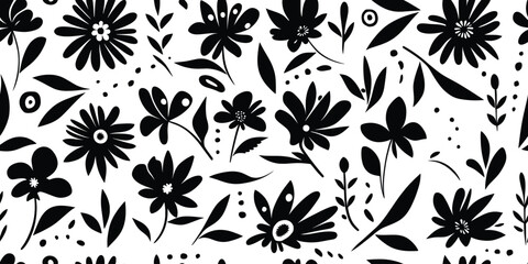 Hand drawn plant elements, flowers and leaves, seamless pattern, vector design	